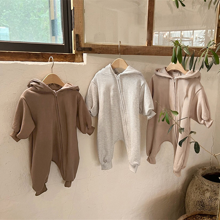 婴童加绒加厚秋款连帽连体衣斜拉链长款纯色爬服包屁衣婴儿冬装|undefined