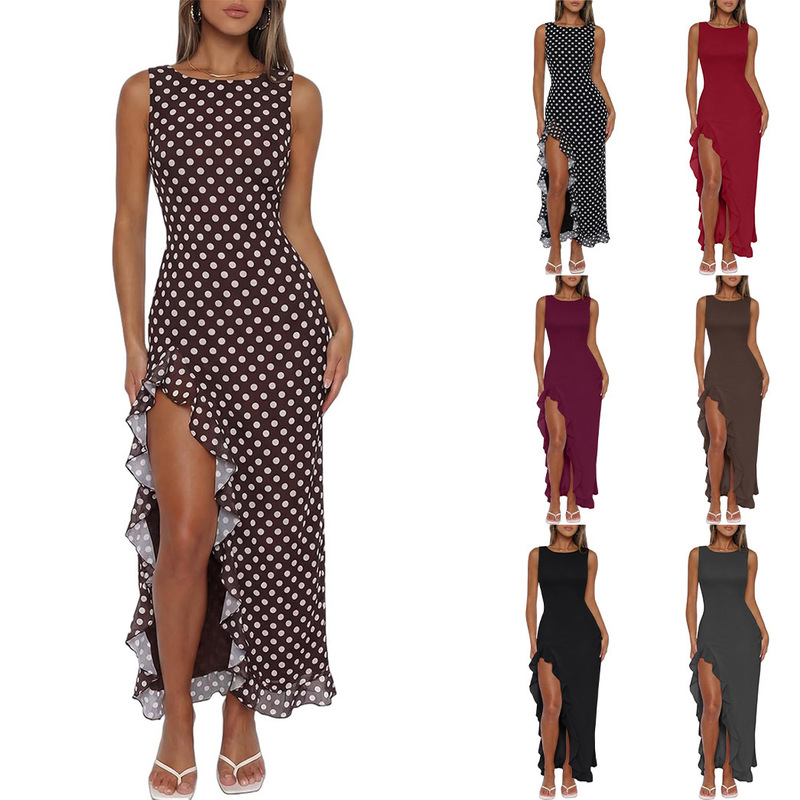 Cross-Border Amazon Women's Sexy High-Slit Mesh Ruffle Mermaid Long Dress Sleeveless Bodycon Dress