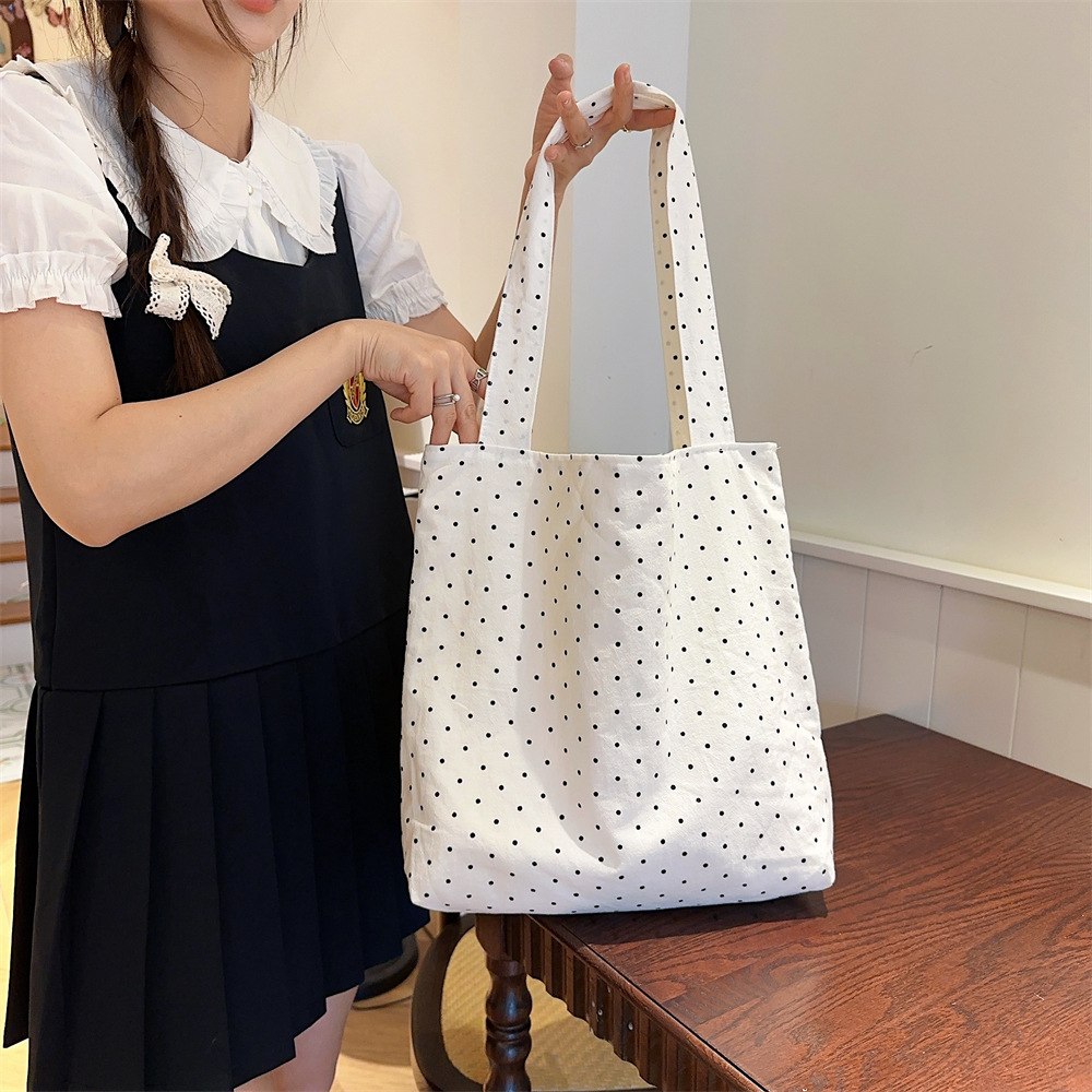 90g Weight Poplin Lining Material 19695304699 Fashion Element Open Closure Type Double Shoulder Straps Strap Type Tote Bag Bags Type Travel, Daily Occasion Canvas Material Round Dots Pattern All Seasons, Spring&Summer Season Women's Gender Streetwear Style Square Shape Medium Size 45262 New Polka Dot Canvas Bag Women's Large Capacity Bag College Students Class Canvas Bag Special-Interest Shoulder Bag 20