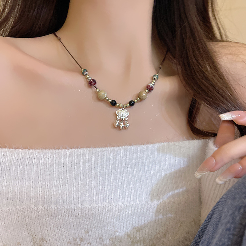 新中国式レトロ陶磁器数珠ネックレス女性禅意風百合漢服編み縄首鎖爆金個性装飾|undefined