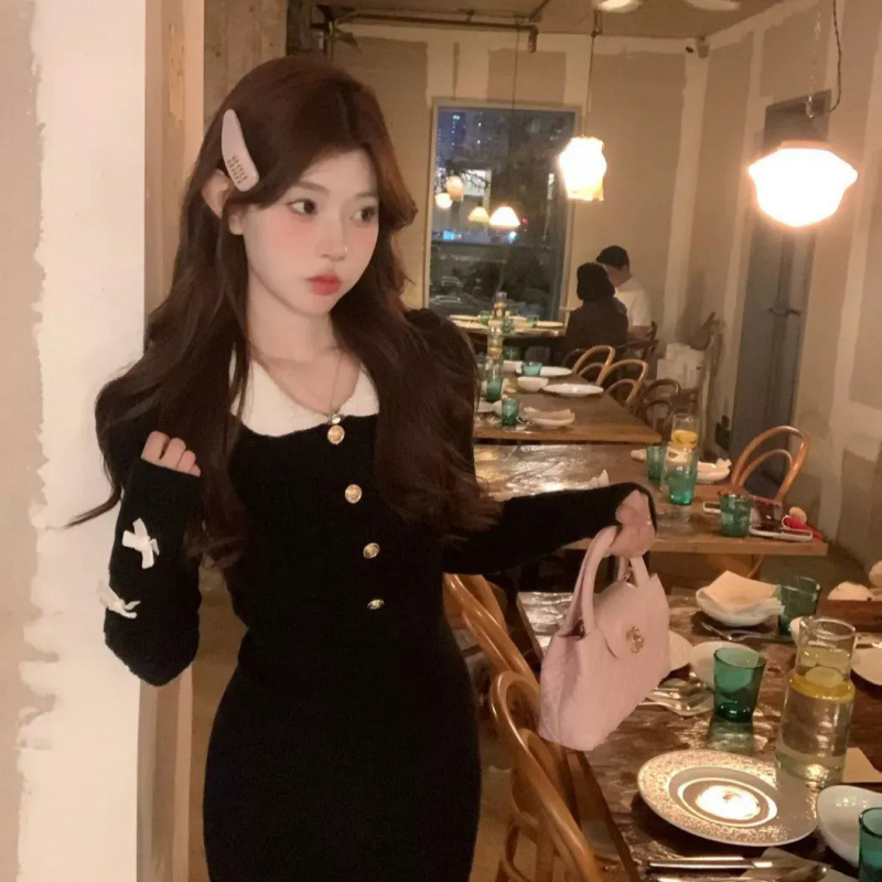 Lamdv 圣诞新年小香风蝴蝶结针织连衣裙内搭女秋冬修身包臀短裙|undefined