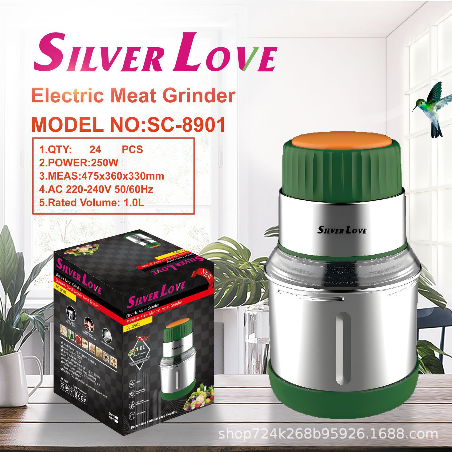 Foreign Trade Export Household 1L Stainless Steel Bowl Meat Grinder Baby Food Supplement Machine 250W 4-Blade Blade