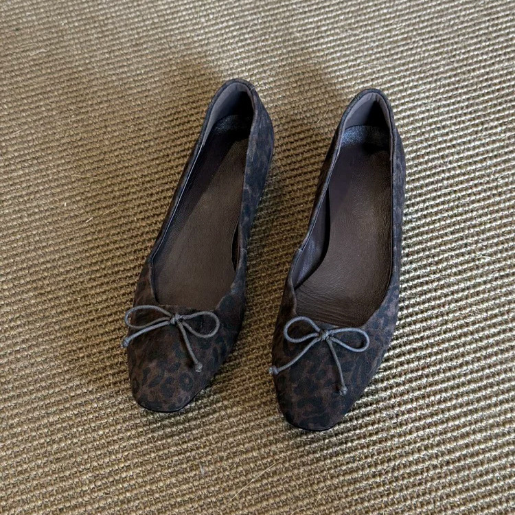 Coffee Cat~Retro Style Square Toe Bow Leopard Print Pumps, Feminine Work Clothing Slip-On Ballet Shoes