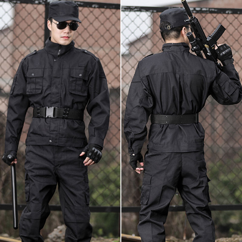 봄과 가을 검은 훈련 의류 세트 착용 방지 통기성 작업 의류 위장 의류 남성 및 여성 군 유니폼 군사 훈련 의류 보안 의류