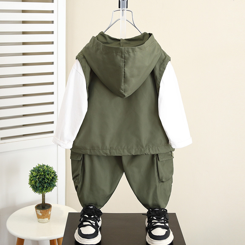 5969 traje de herramientas para niños 2024 otoño nuevo estilo fresco y guapo primavera y otoño para niños chaleco con capucha traje de dos piezas para bebés