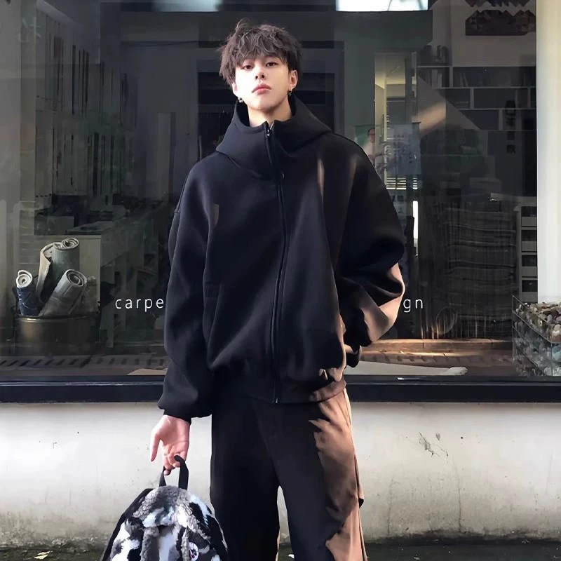 Черное пальто с высоким воротником cleanfit Мужское тяжелое американское кардиган пальто осенний и зимний прилив премиум-стиль толстовка с капюшоном