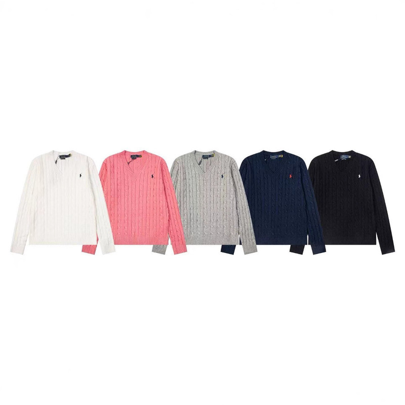 High-End Version Rl Ralph Lauren V-Neck Cable-Knit Embroidered Pullover Long-Sleeve Sweater