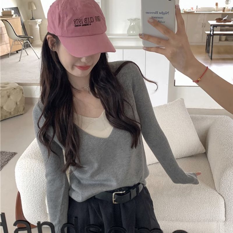 设计感V领假两件拼接针织毛衣女装2025早秋新款修身显瘦休闲上衣|undefined