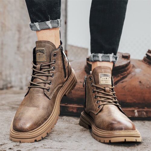 Winter British style thin velvet high-top leather boots new men's casual fashion Martin boots retro versatile workwear men's shoes