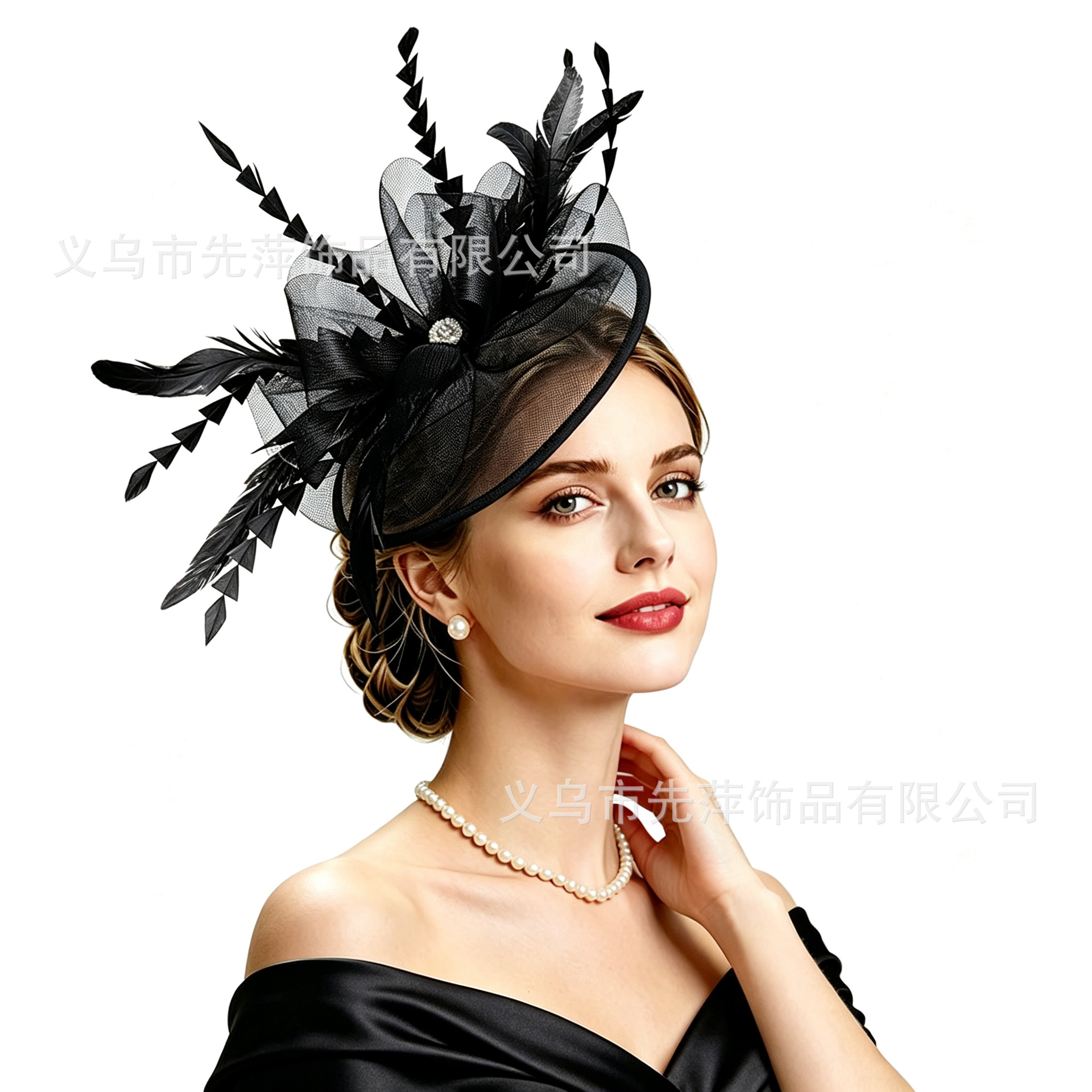 New Amazon Exaggerated Headwear Feather Headband Hair Clip Cheongsam Accessory Bridal Veil Vintage Mesh Headpiece