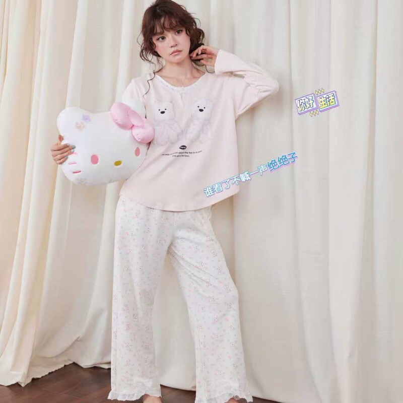 ins韩版卡通小狗长袖睡衣女2025春秋新款蕾丝花边长裤家居服套装|undefined