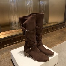 羊皮版~7cm增高堆堆中筒靴女尖圆头交叉带复古粗跟长筒靴子骑士靴
