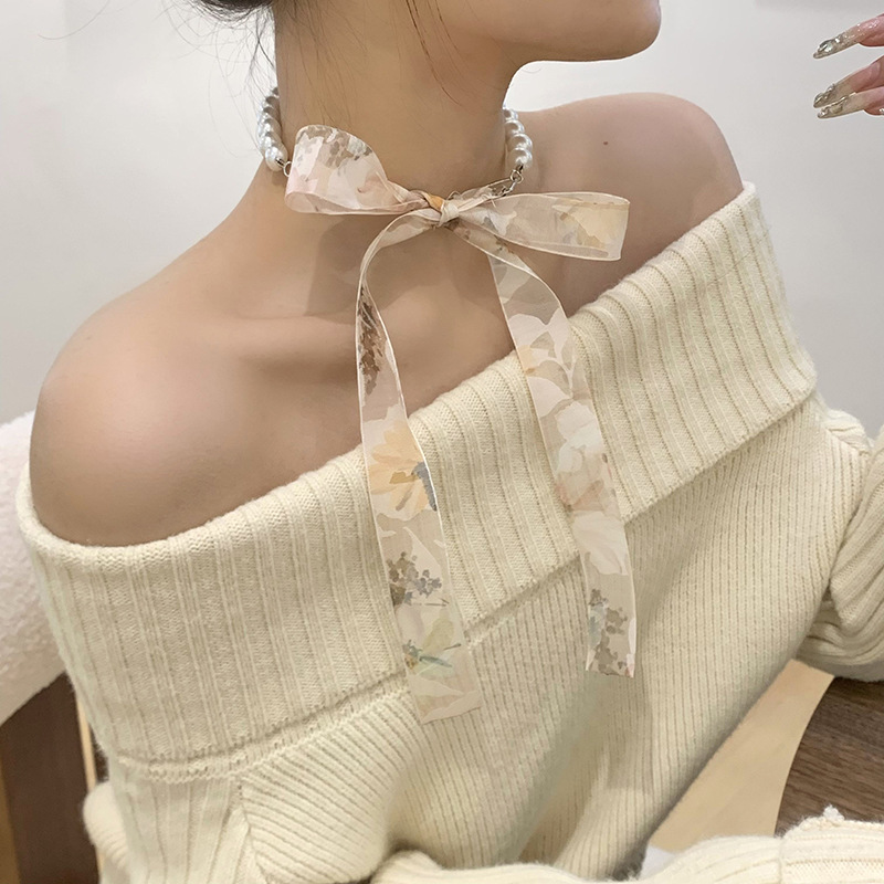 Collar de perlas nueva pulsera flor trenzada decoración pequeña bufandas trenzadas cinta atar cabello bufandas al por mayor