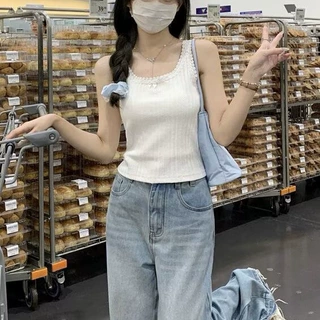 纯~减标~美式蕾丝花边吊带螺纹背心紧身高腰短款辣妹上衣女