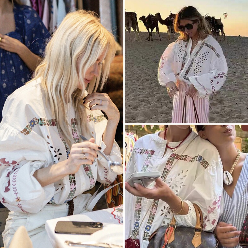 House25 Xia Xin Retro Ethnic Style Niche Literary Style Lace Cut Out Embroider Lantern Sleeve Shirt Top