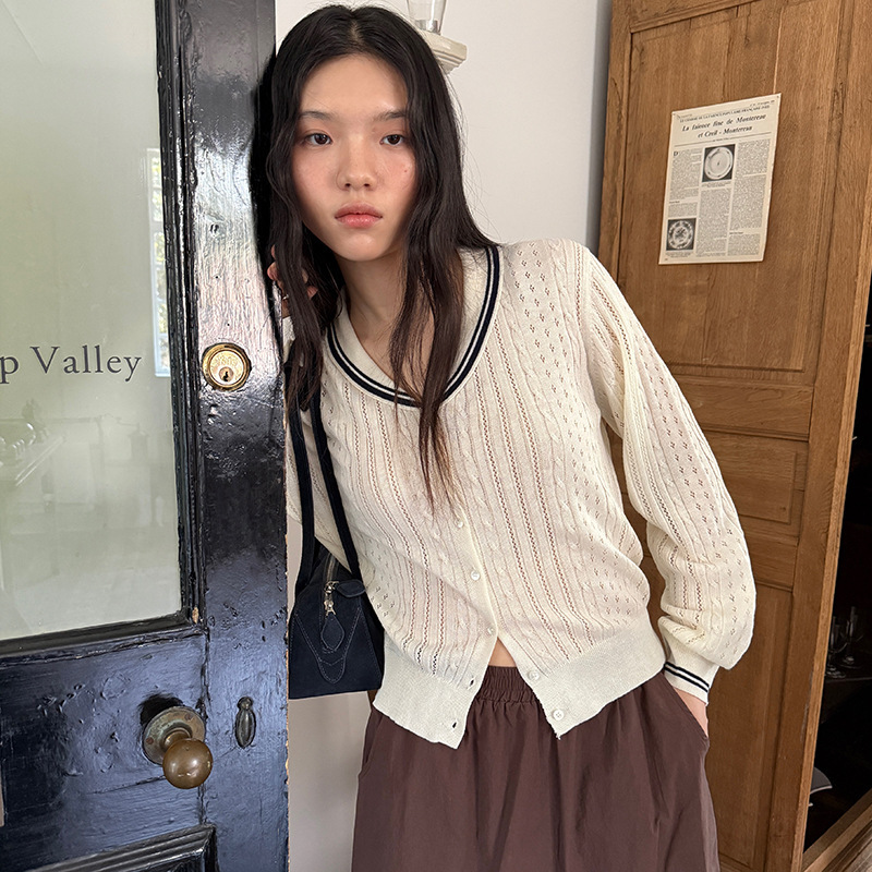 Allo Navy Collar Knitted Cardigan for Women 2025 Autumn New Korean Design Color-Blocking Single-Breasted Top 1072