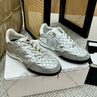 High Version C Quilted Casual Sports Shoes for Women, Thick-Soled German Training Shoes, Genuine Leather White Shoes, Lace-Up Small Fragrant C Sneakers