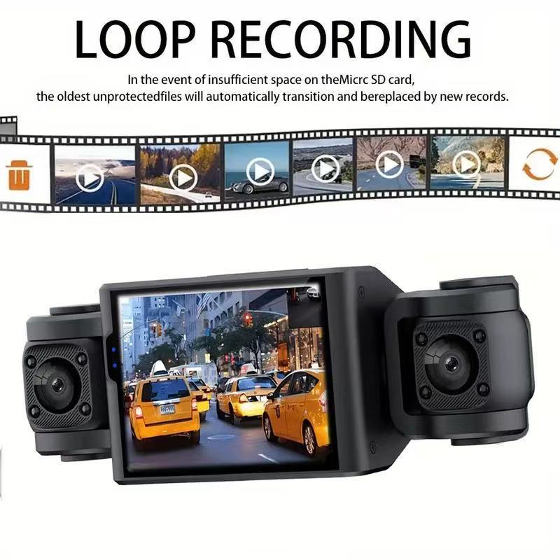 Four-channel dashcam with front, rear, left, and right cameras, featuring high-definition night vision, wide-angle lenses, and integrated parking monitoring