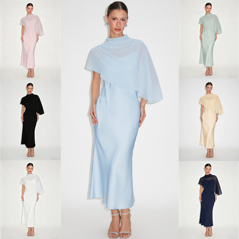 Cross-Border Hot-Selling Light Luxury Cape-Style Shawl Dress for Women, 2026 Spring New Chiffon Slimming Mid-Length Dress in Multiple Colors