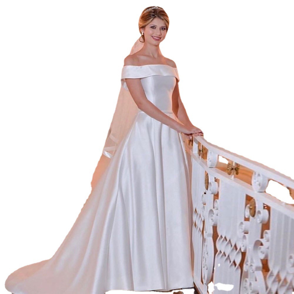 El Comercio exterior europeo y americano Amazon AliExpress deseo elegante vestido de novia fuera del cuello simple elegante satén soporte personalización