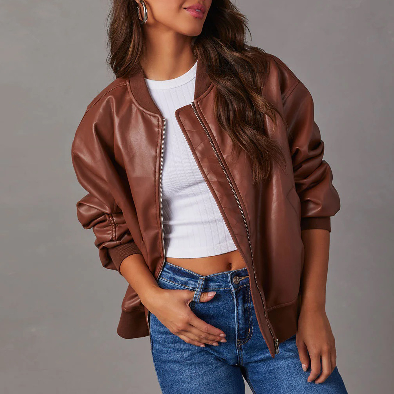 Women's Clothing Autumn and winter PU leather baseball jacket long sleeved motorcycle jacket leather jacket women_voghion.com