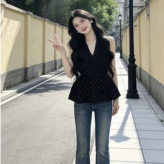 法式纯欲风波点V领挂脖T恤女巨好看的收腰显瘦气质减龄百搭上衣