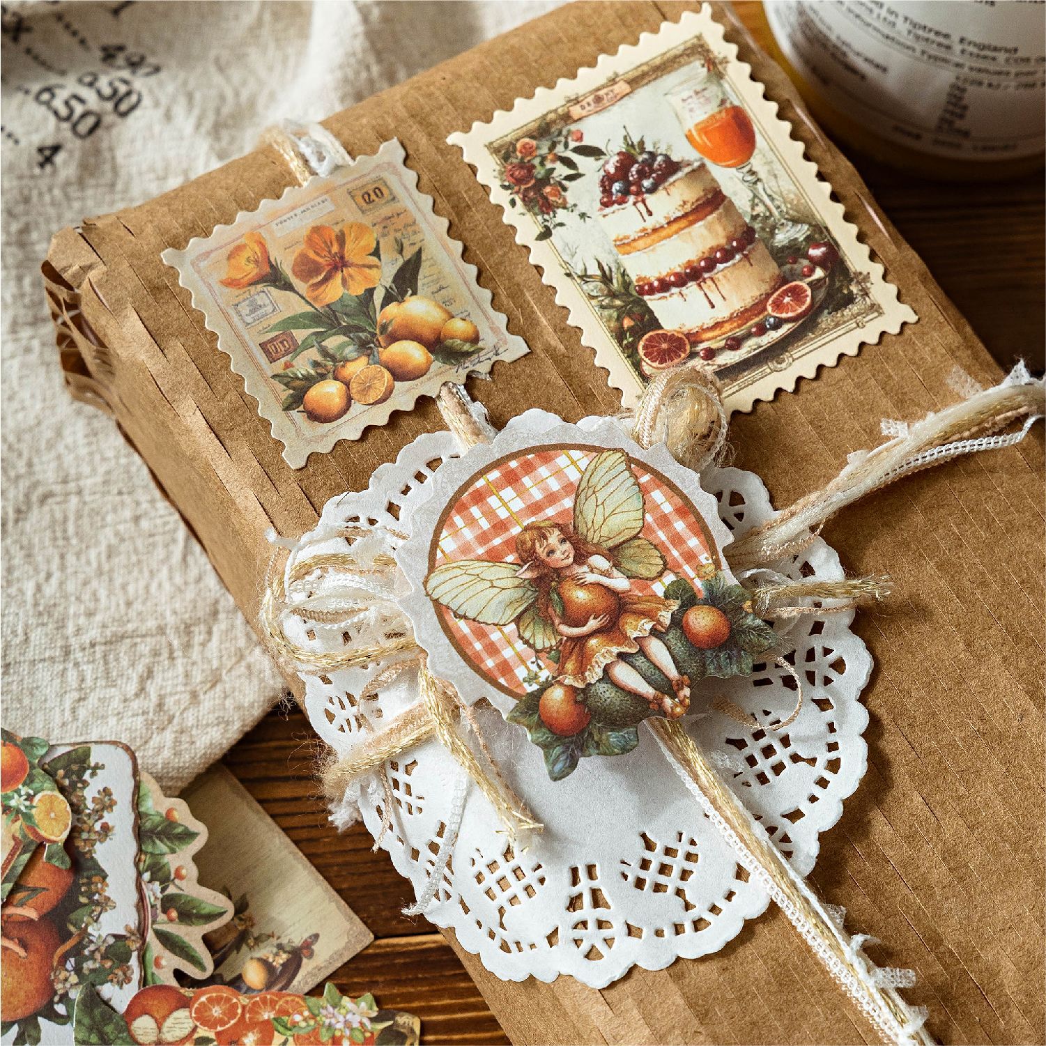 Sugar Poetry Paquete de pegatinas de papel kraft súper blanco Serie de historia de huerto Material de tema de frutas y verduras Carpas de mano Adhesivo de película de corte decorativo