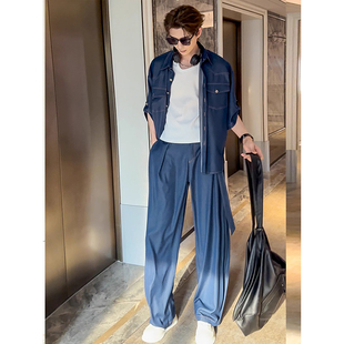 Relaxation Denim Shirt suit Men's Summer Thin Ice Silk Draped Short Sleeve Collocation Set