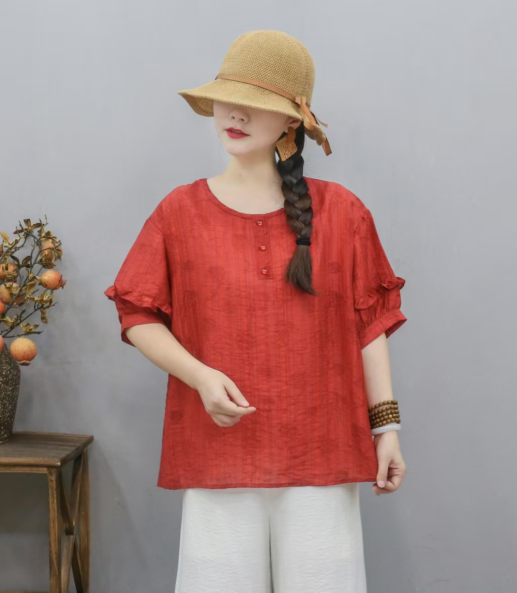 Transfronterizo 2025 primavera y verano nuevo estilo chino de ropa de mujer camiseta estampada mangas de linterna camiseta de mujer collar redondo literatura y arte image 7