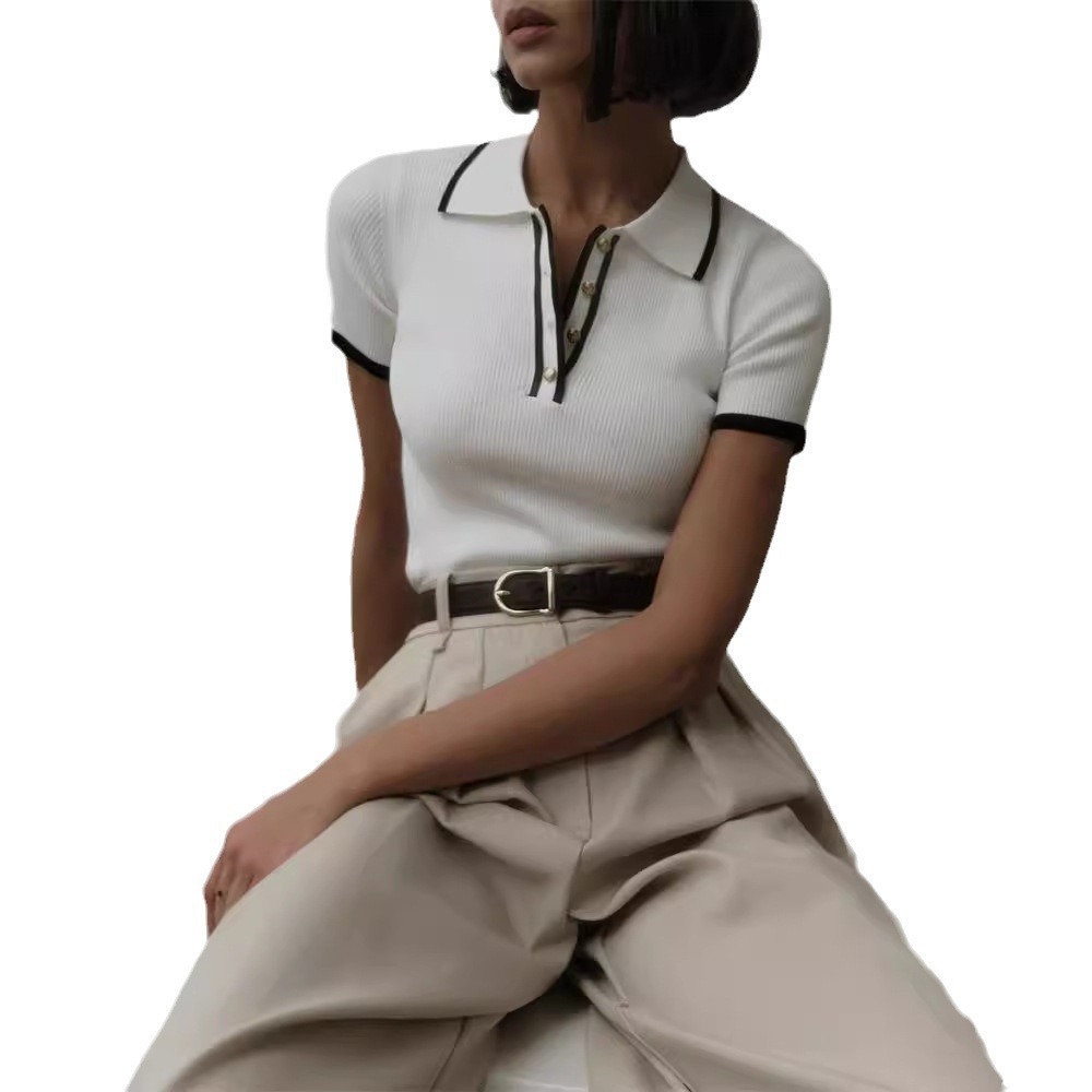 ヨーロッパとアメリカの半袖ラペルトップスニットタイトコントラストカラースタイルニットセータークロスボーダーOZONアマゾンTシャツ在庫あり