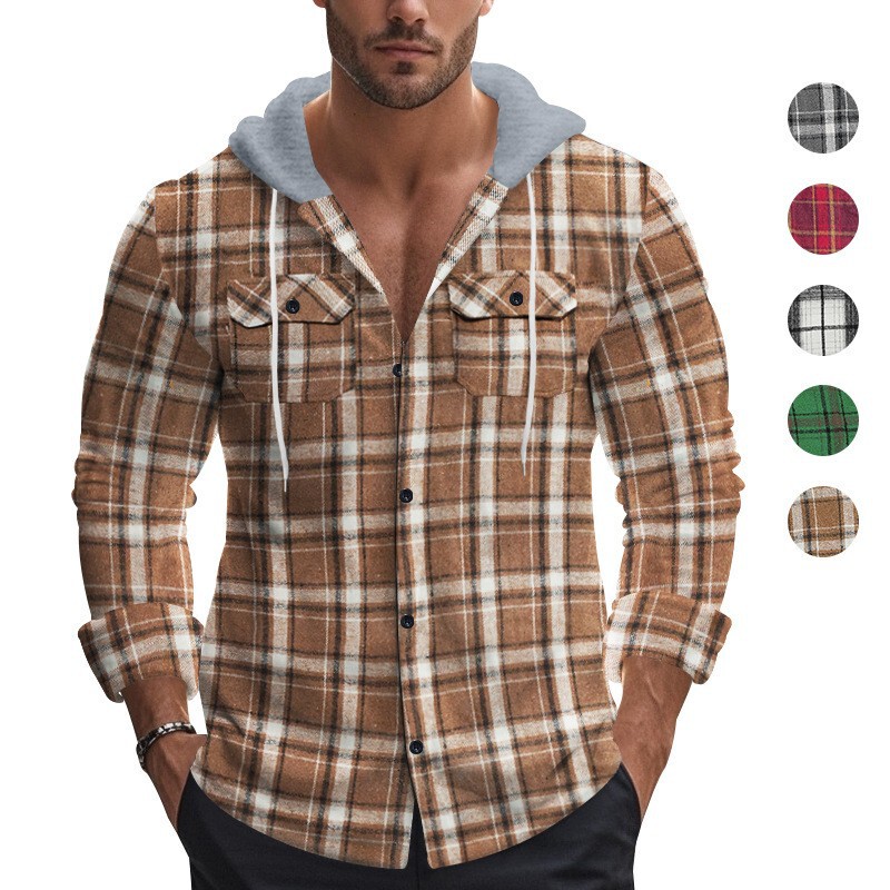 Cross-Border American Retro Autumn and Winter Jacket Men's Plaid Shirt Hooded Flannel Jacquard Men's Trendy Casual Shirt Men