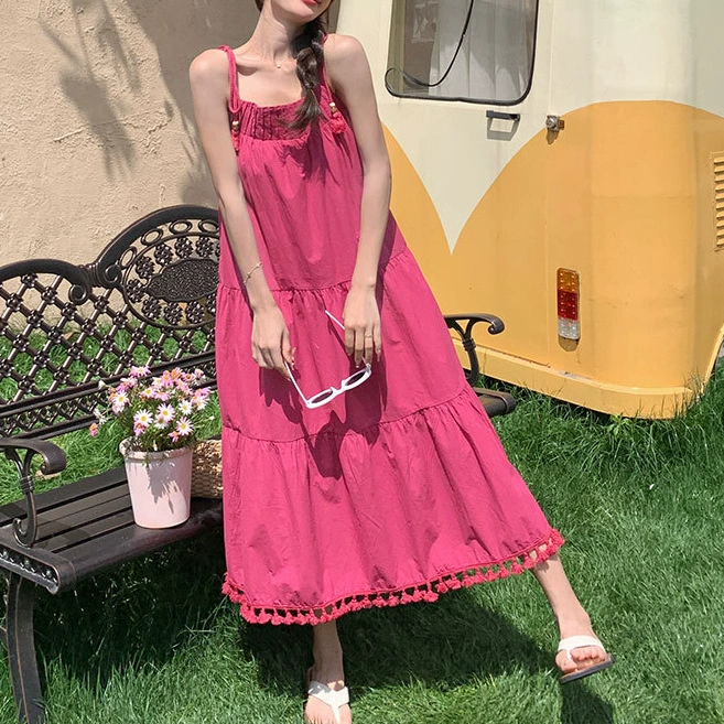 Розовая юбка-миди с кисточками на подтяжках для женщин, летняя новинка 2025 года в корейском стиле, свободная и милая для праздничного образа.