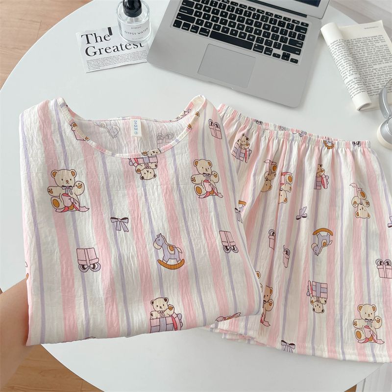 Venta al por mayor transfronteriza de pijamas vietnamitas verano femenino dibujos animados coreanos dulce y lindo estudiante estampado cuello redondo nube algodón estilo ins