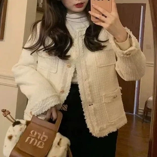 Осенняя куртка — для подростков, свободный крой, корейский и в стиле Chanel, твид, беж/чёрный S–L