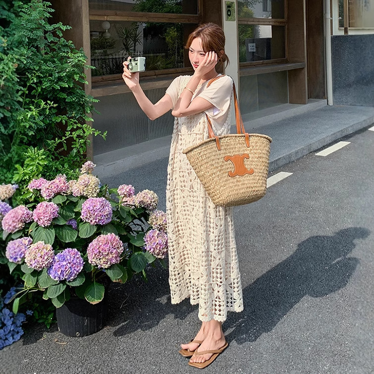 フレンチ中空サスペンダーブラウスドレススーツ女性のための 2025 夏怠惰なスタイルルーズカジュアル Tシャツスカート 2 点セット|undefined