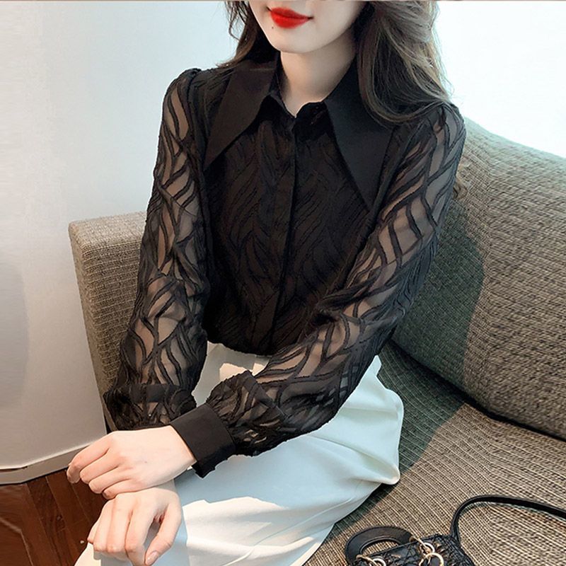 Spring 2024 Polo collar chiffon cardigan shirt women's new design sense niche retro French long sleeve top