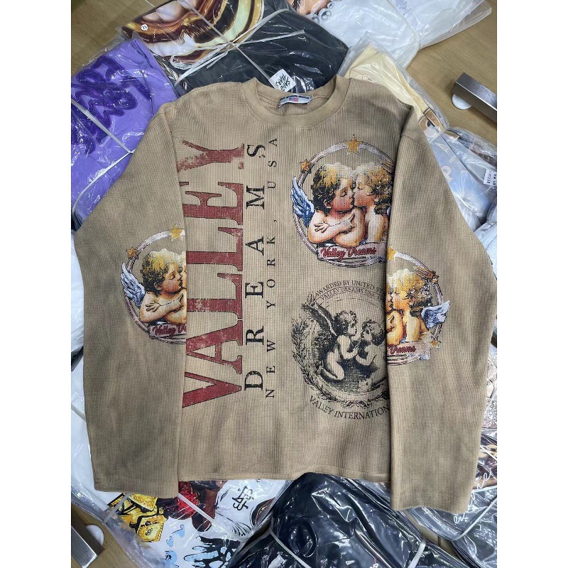 Vale Valley vintage distressed angel print long-sleeve T-shirt for men and women, loose casual waffle base shirt for autumn