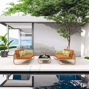 Outdoor Minimalist Stainless Steel Sofa Set Suitable for Guesthouses, Resorts, Hotels, Gardens, and Balconies, Featuring a Light Luxury Outdoor Coffee Table
