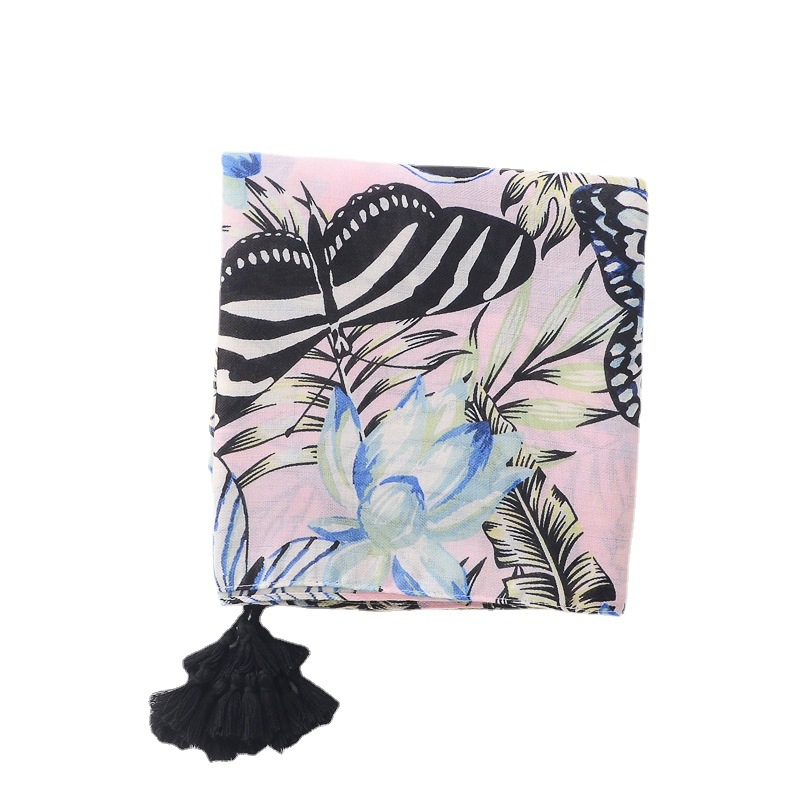 Bufanda de Primavera Verano protector solar chal largo bufanda de seda delgada hojas flores mariposa impresa algodón y lino sensación bufanda