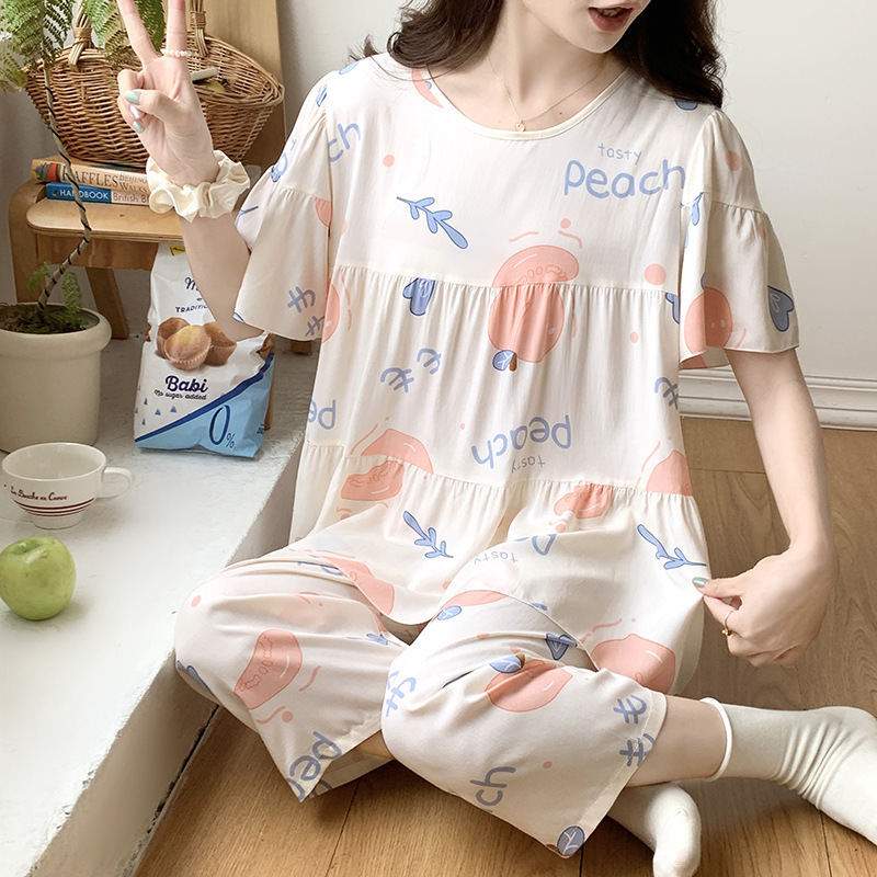 Pijamas de seda de algodón de manga corta de verano Estilo occidental de las mujeres aire acondicionado Delgado desgaste del hogar Chica japonesa dulce estudiante de algodón traje de seda