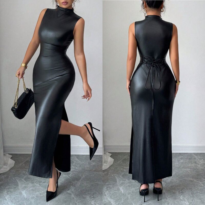 2026 European and American Women's Fashion Elegant Faux Leather Sleeveless Slit Waist Cincher Tie Tight-Fitting Long Dress French Style Women's Clothing