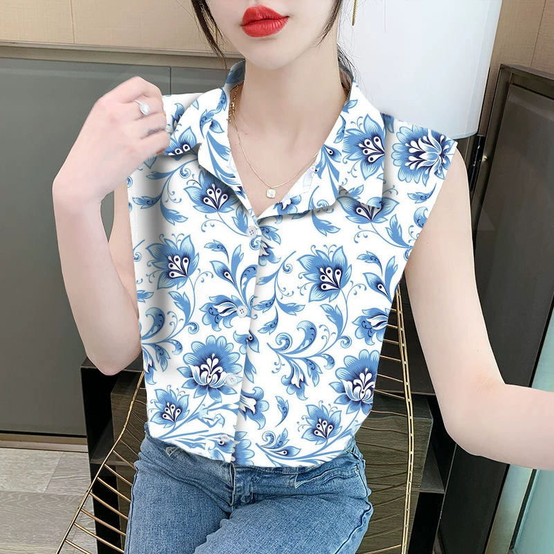 Женская свободная шифоновая блузка без рукавов с принтом на лацканах, с воротником поло, закрывающая живот, для трансграничной торговли