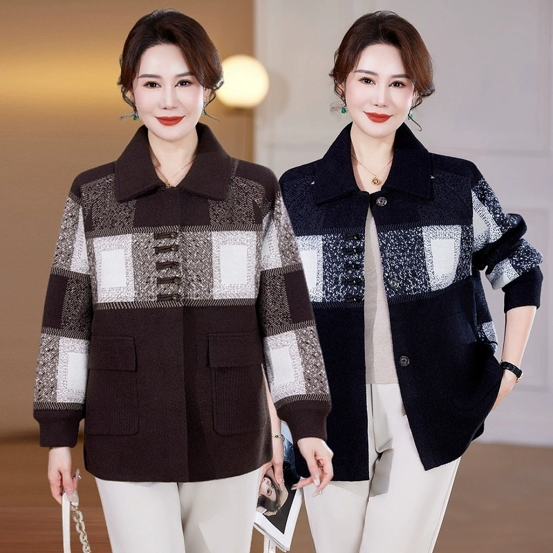 одежда для женщин, осенне-зимняя верхняя одежда, новинка 2025 года, женская одежда среднего возраста, клетчатые топы в западном стиле, большие размеры, весенне-осенние шерстяные топы для среднего и пожилого возраста