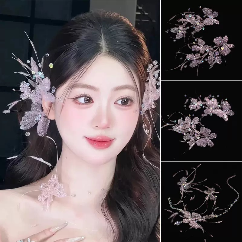 Bride's wedding banquet pink headpiece with butterfly crystal tassels, soft hairpin, high-end wedding makeup and hair accessory set