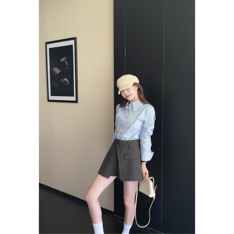 早秋OOTD25文艺穿搭一整套POLO领条纹长袖衬衣+A字腰封可拆卸裤裙|undefined