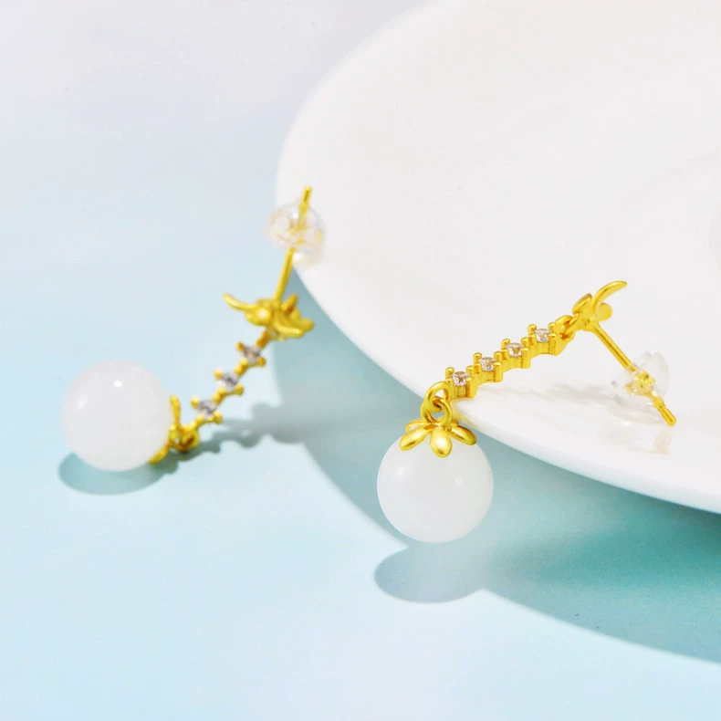 Retro earrings white jade, 925 sample silver