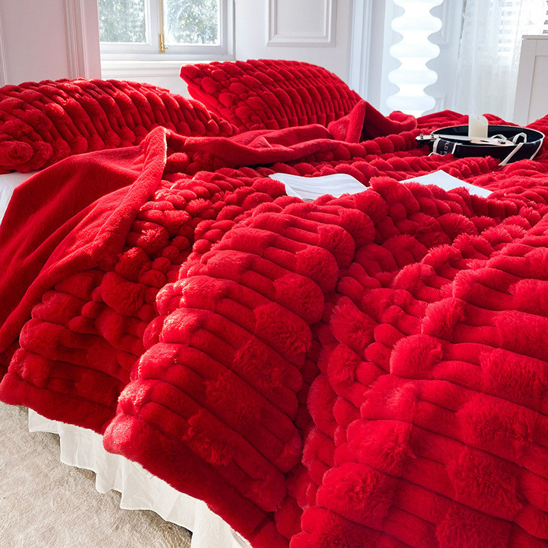 U7T 하이 엔드 웨딩 담요 더블 레이어 빅 레드 웨딩 가짜 모피 잔디 구름 담요 두꺼운 라셀 담요