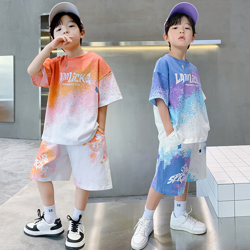 Children's sporty short sleeve set summer 2024 new middle and large size boys trendy cool basketball uniform in pure cotton
