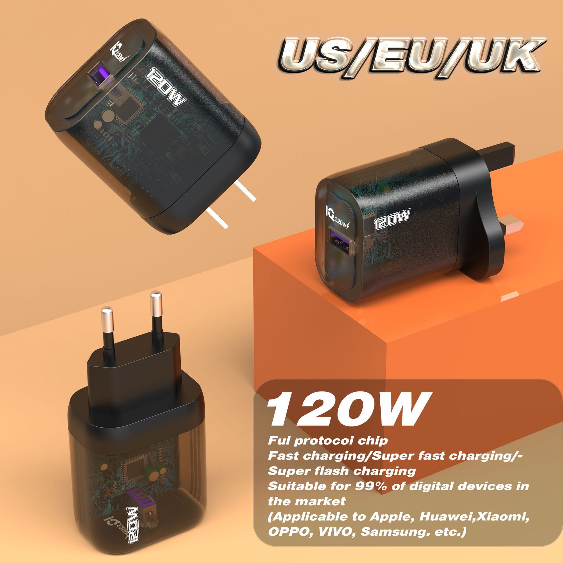 Cargador de alta potencia multipuerto poroso con cabeza de carga rápida de uso general, estándar americano, estándar europeo, estándar británico, estándar australiano, multiinterfaz