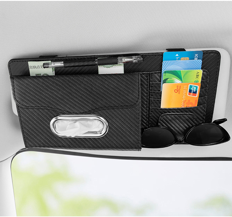 Cross-Border Car Carbon Fiber Pattern Sun Visor Glasses Holder Bill Holder Car Multi-Function Card Holder Tissue Bag Sunglasses Holder